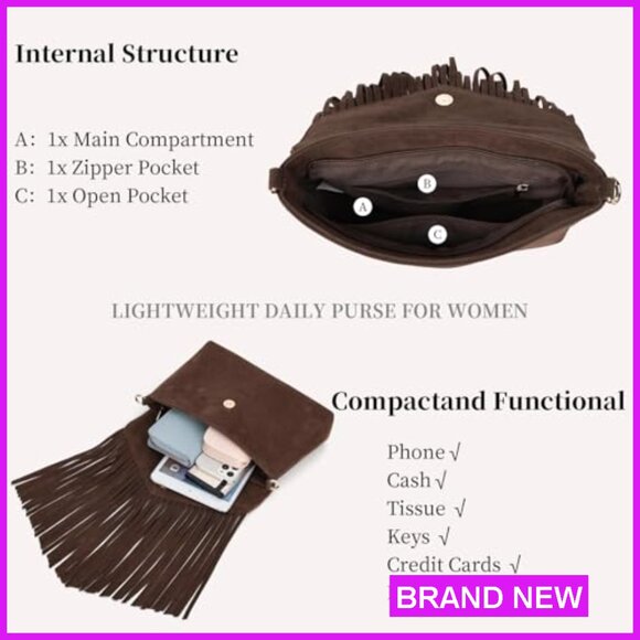 Boho Western Fringe Crossbody Purse Double Velour Suede Hobo Bag Adjustable - Picture 3 of 7